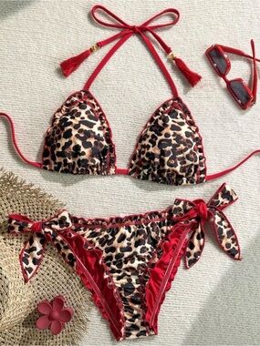 Leopard Print Tie-Side Bikini with Red Trim